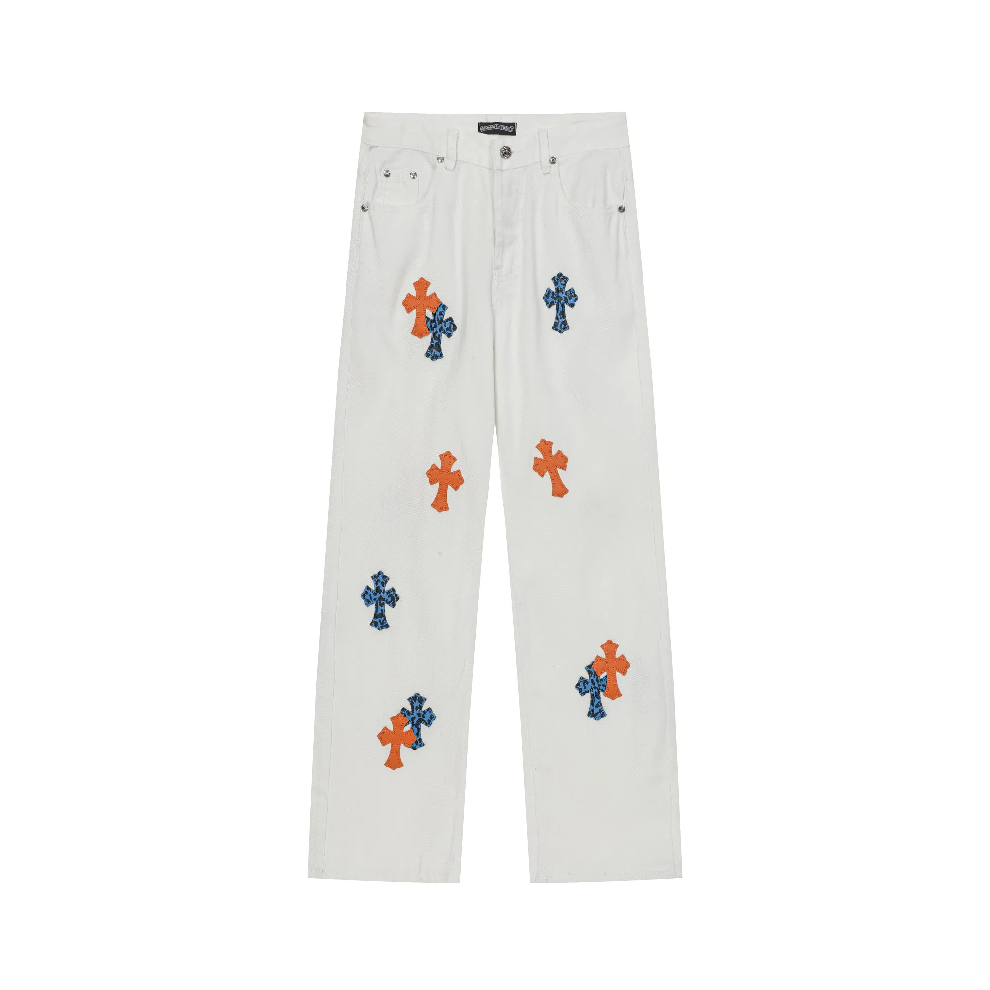 P270 Chrome Hearts/Chrome Hearts 25ss Classic White Cow Series Colored Leather Cross Washed Color Cloth Uniform Denim Trousers for Men and Women Color: Picture Color Code Number: 28-36
